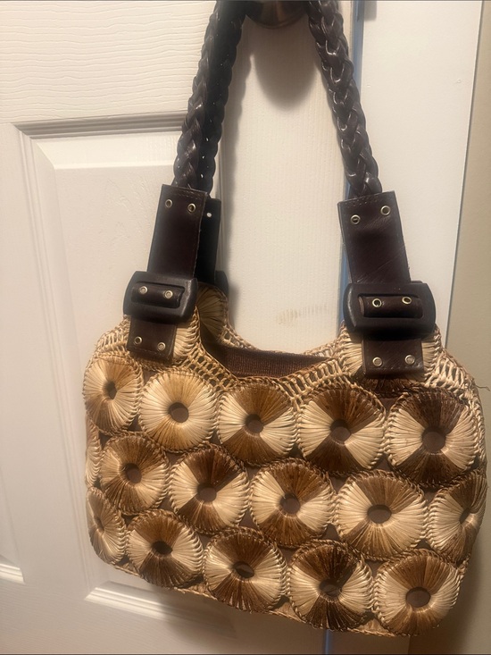 Handbags - Woven Straw Tote Bag with Dark Brown Leather Straps